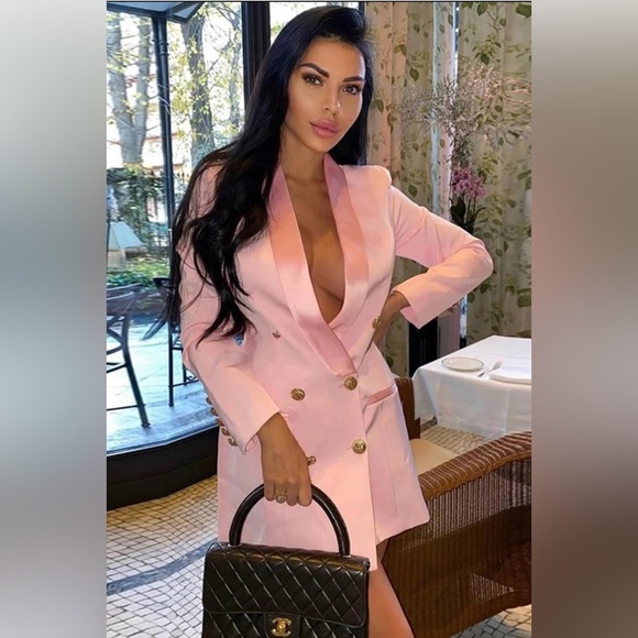 None Jackets & Blazers - Elegant Pink Double-Breasted Women's Blazer